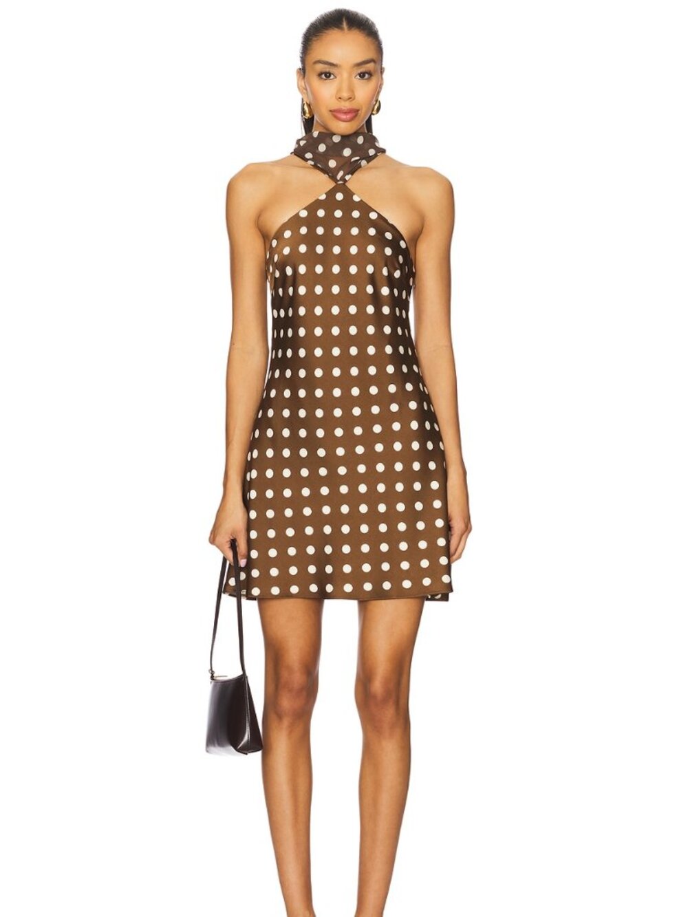Maude Club Hendrix Dress in Brown Dots mini with neck tie scarf polka dots